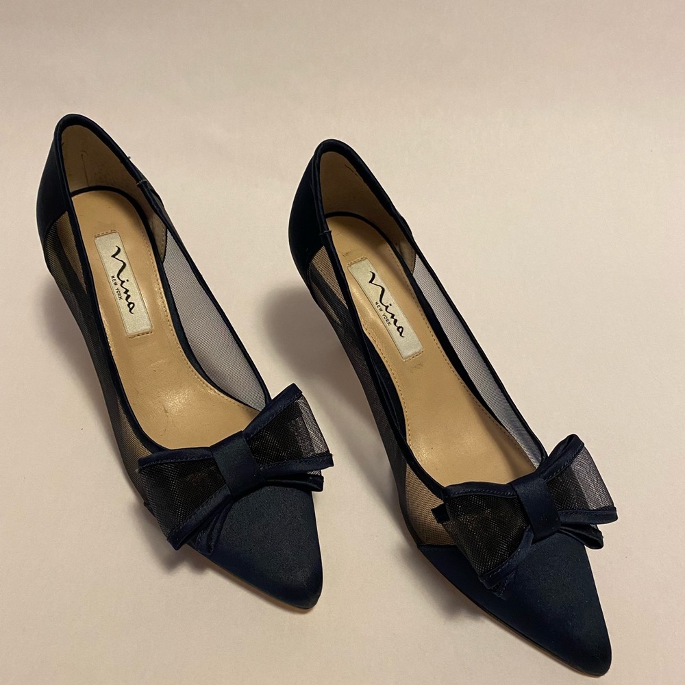 Nina New York navy kitten heel pumps with mesh inlay and bow